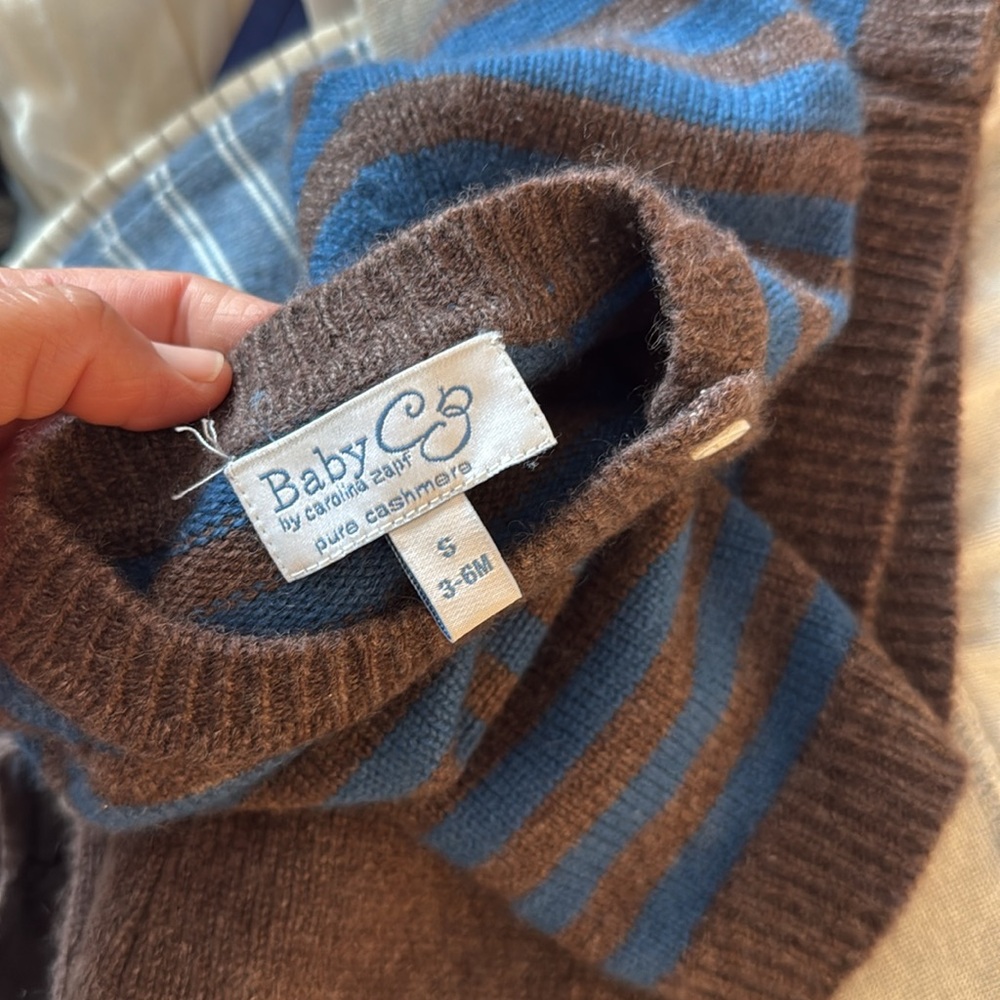 Striped Blue and Brown Cashmere Sweater Set with Pants Size 3-6 months - Picture 5 of 7